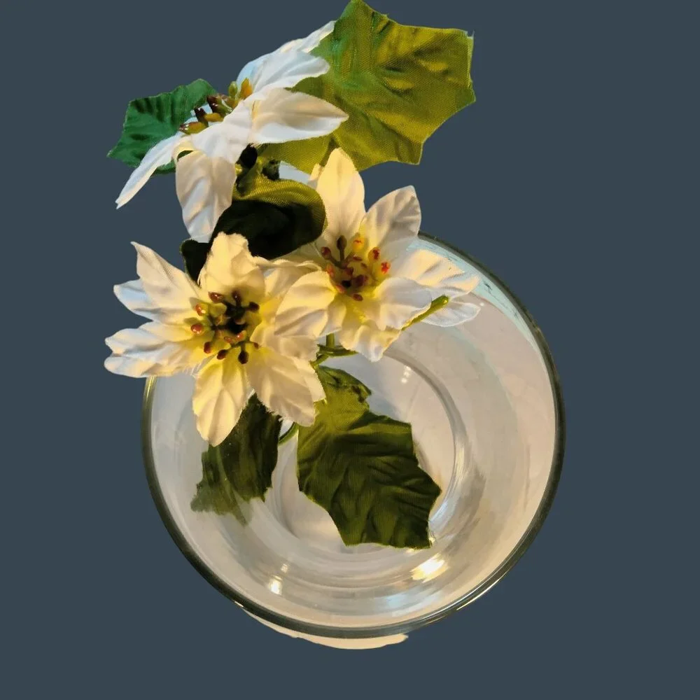 Artificial White Poinsettia Flower Stem Green Leaves Vintage Floral Craft